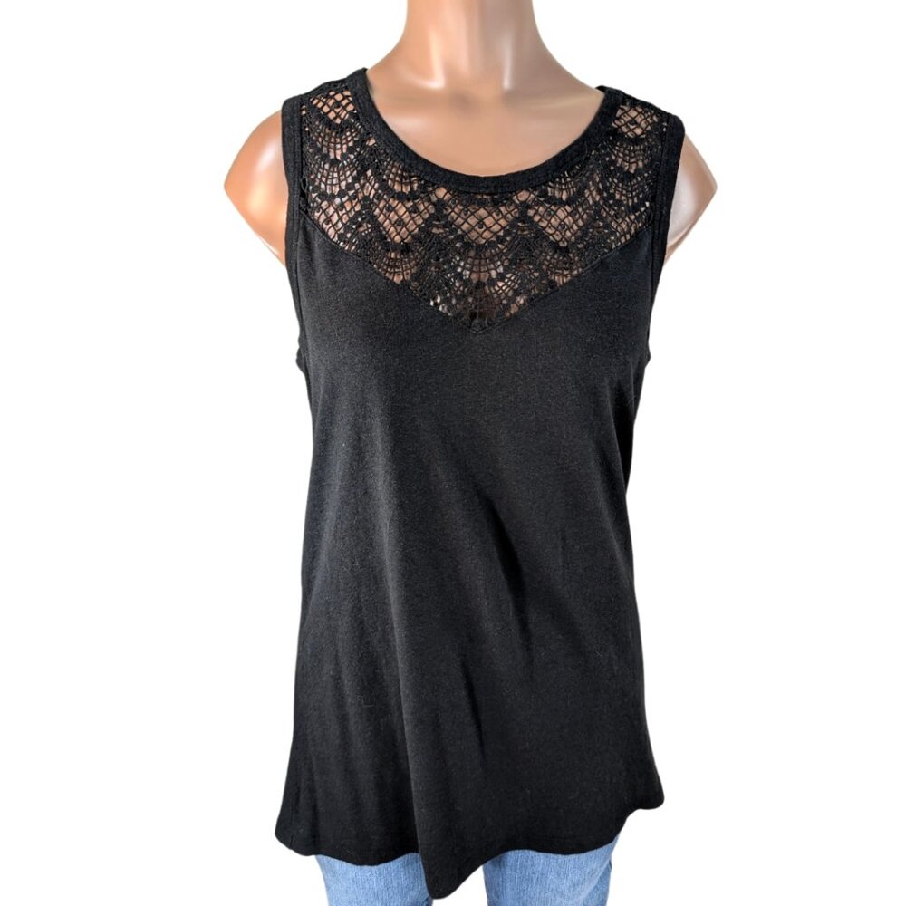 Industry Large Black Rayon Linen Sleeveless Lace Detail Casual Tank Top Blouse